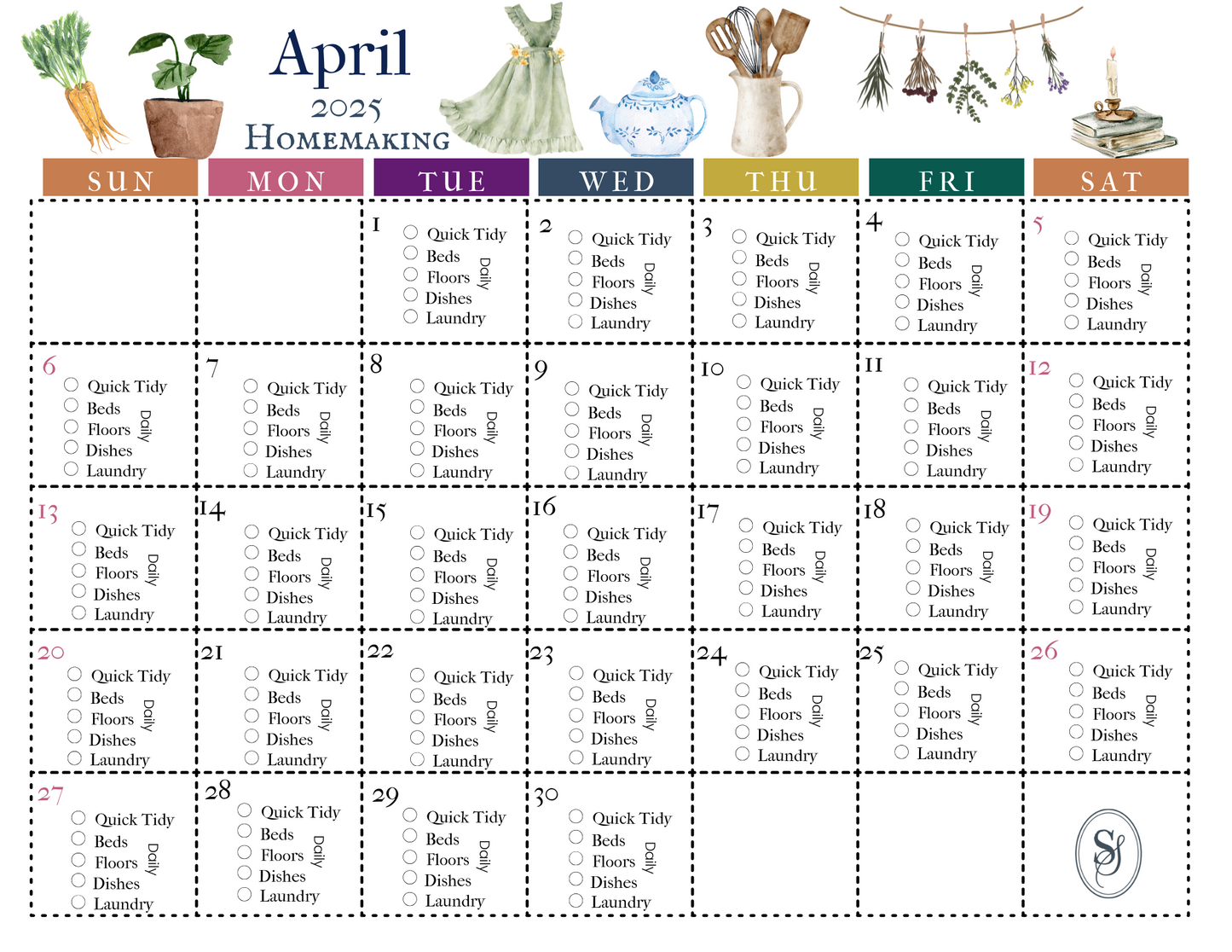 April Homemaking Calendar and Lists