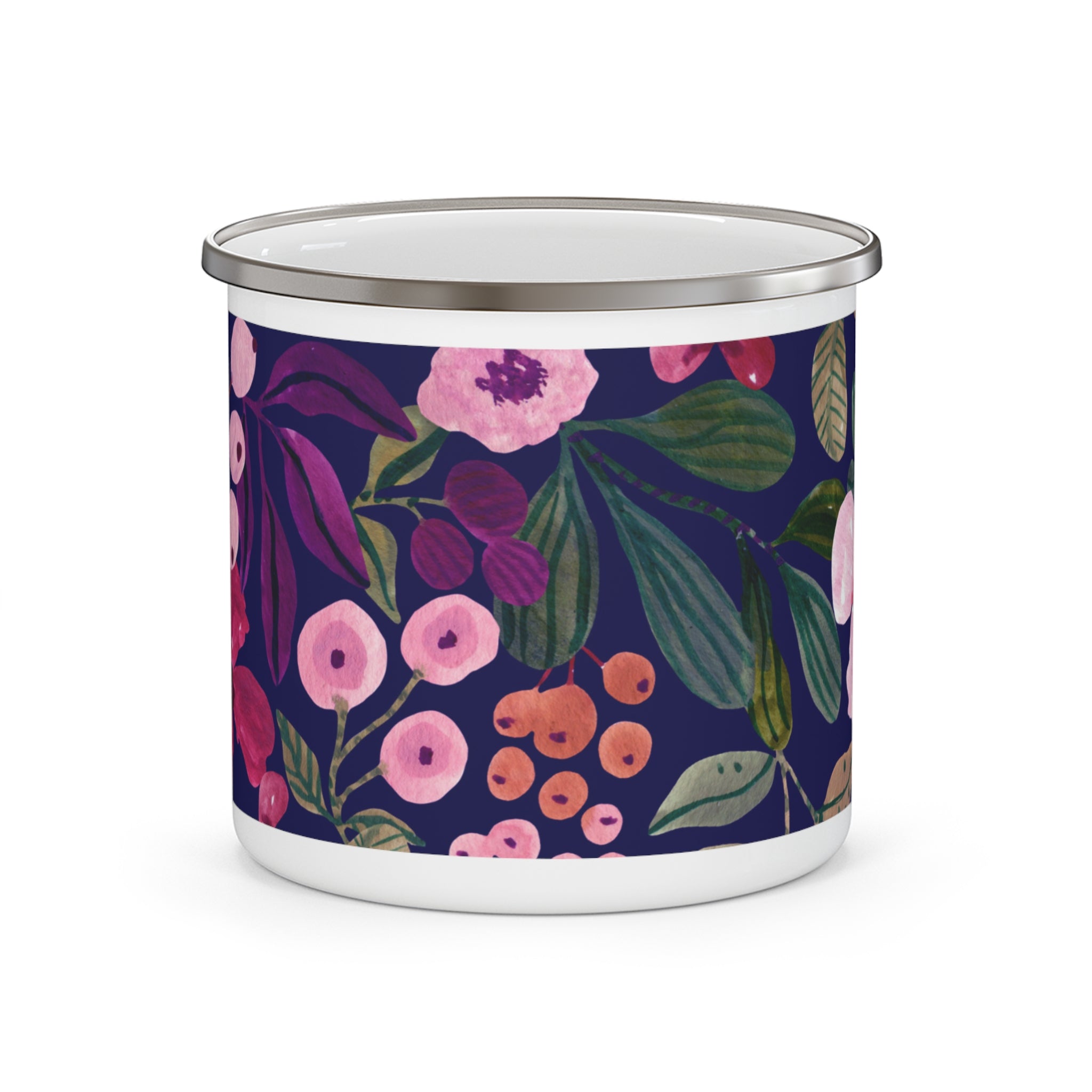Floral Nightscape Enamel Camping Mug — Dark Botanical Camping Coffee Cup