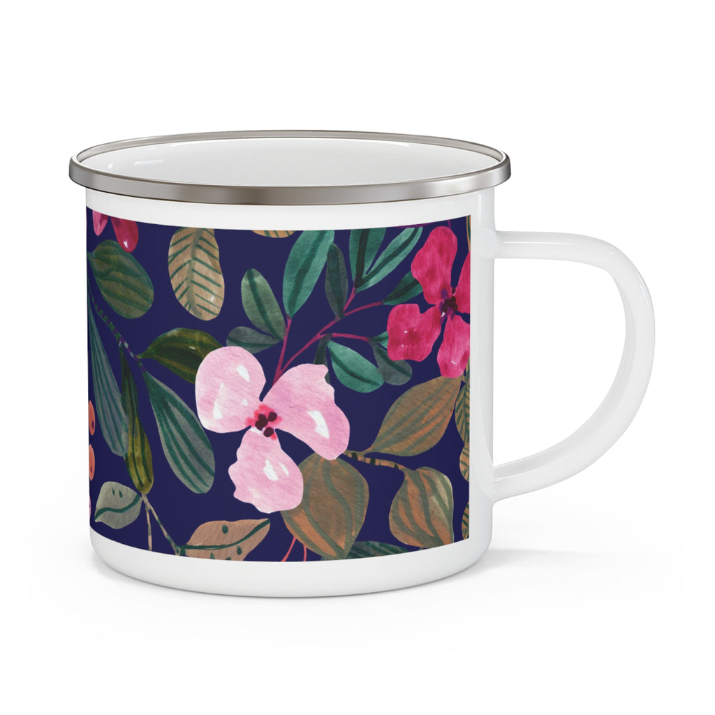 Floral Nightscape Enamel Camping Mug — Dark Botanical Camping Coffee Cup