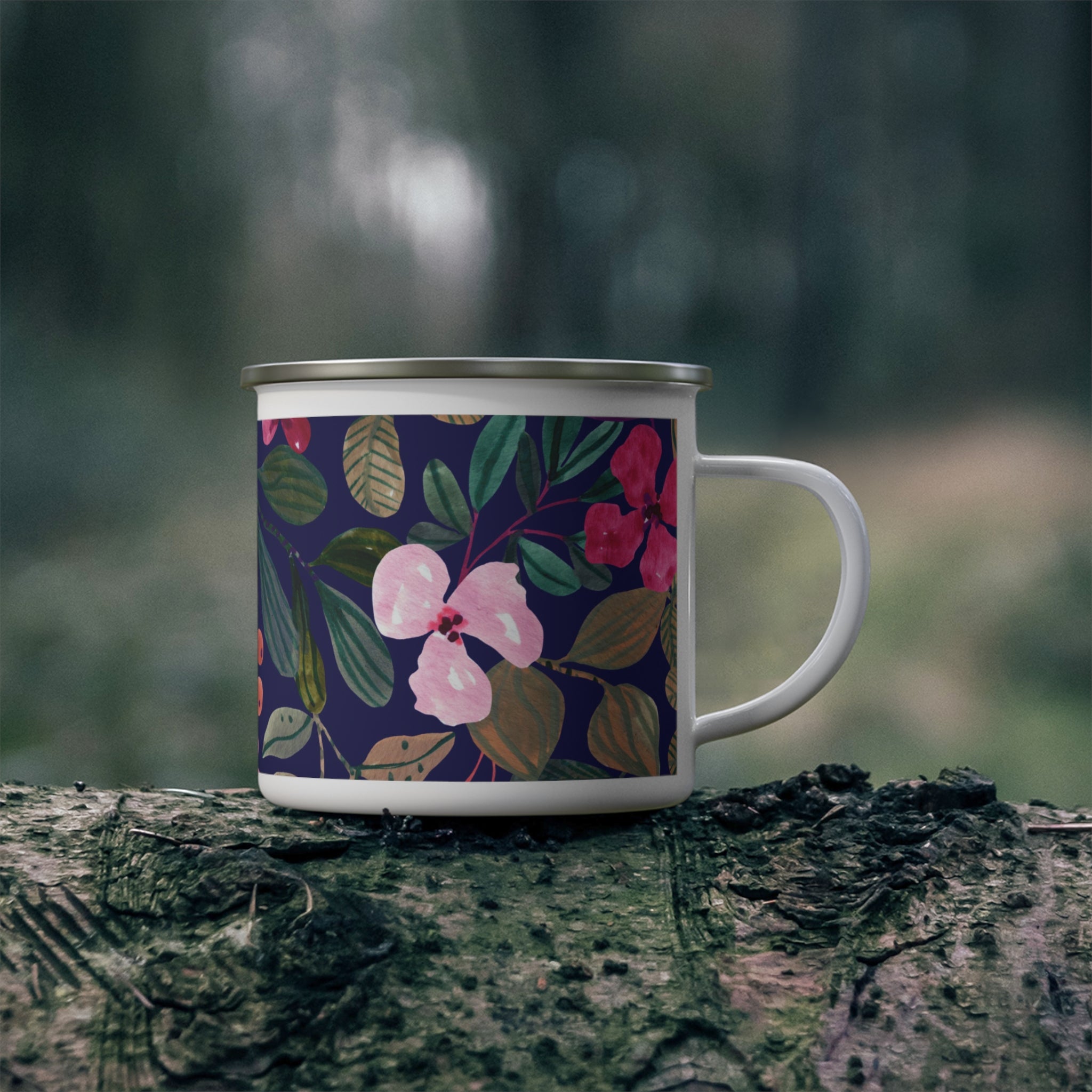 Floral Nightscape Enamel Camping Mug — Dark Botanical Camping Coffee Cup