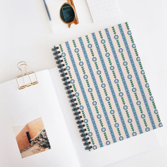 Floral Stripe Spiral Notebook — Ruled Journal with Blue Green Pattern