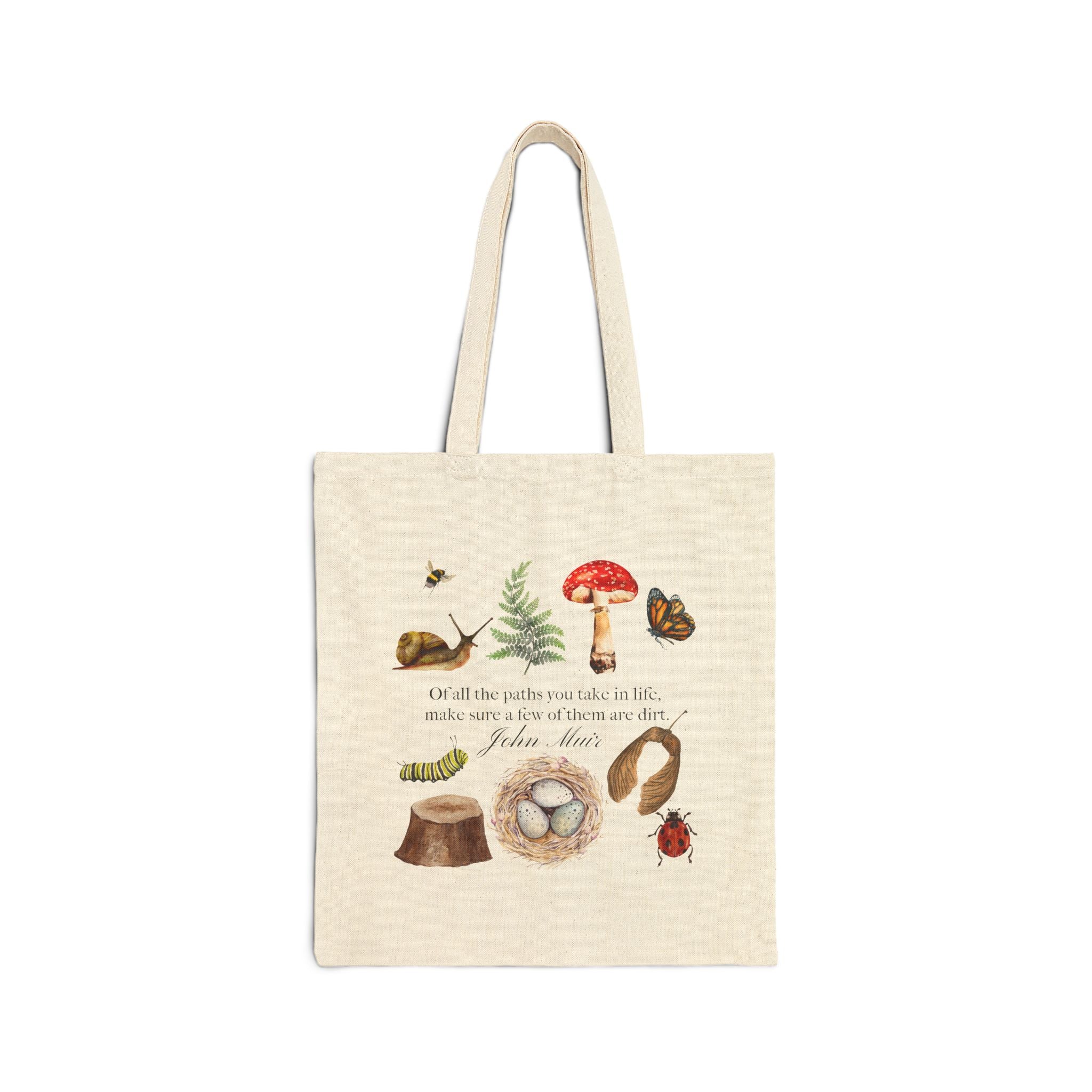 Nature Study Canvas Tote Bag — Watercolor Forest Mushroom & Nest Illustration
