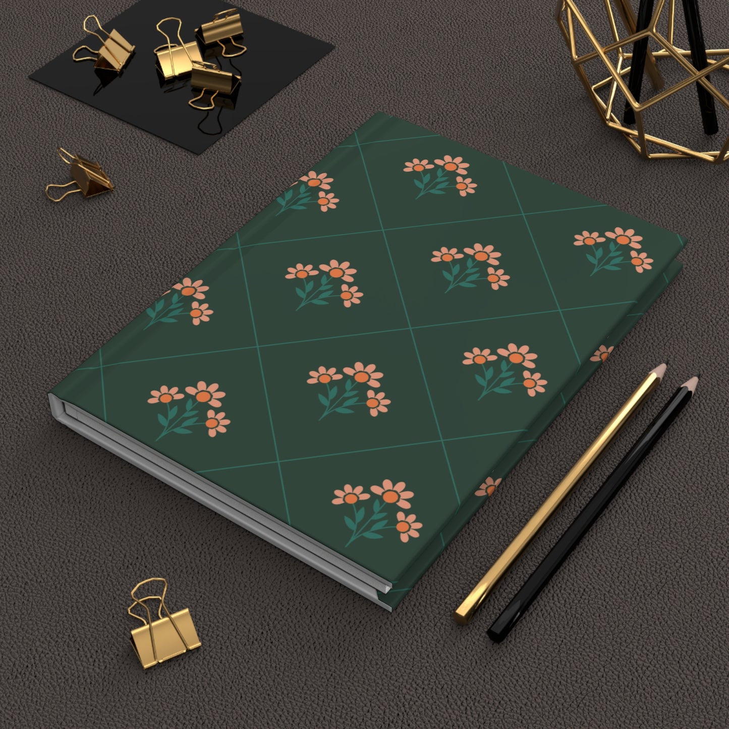 Floral Bouquet Hardcover Journal — Dark Green Vintage Pattern Notebook