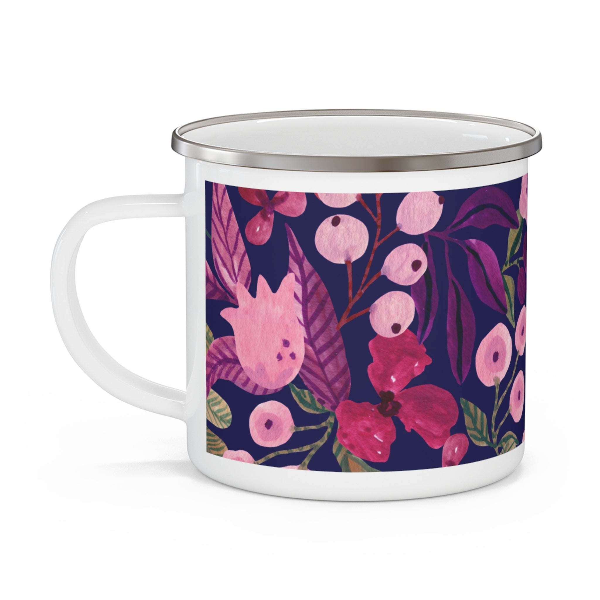 Floral Nightscape Enamel Camping Mug — Dark Botanical Camping Coffee Cup