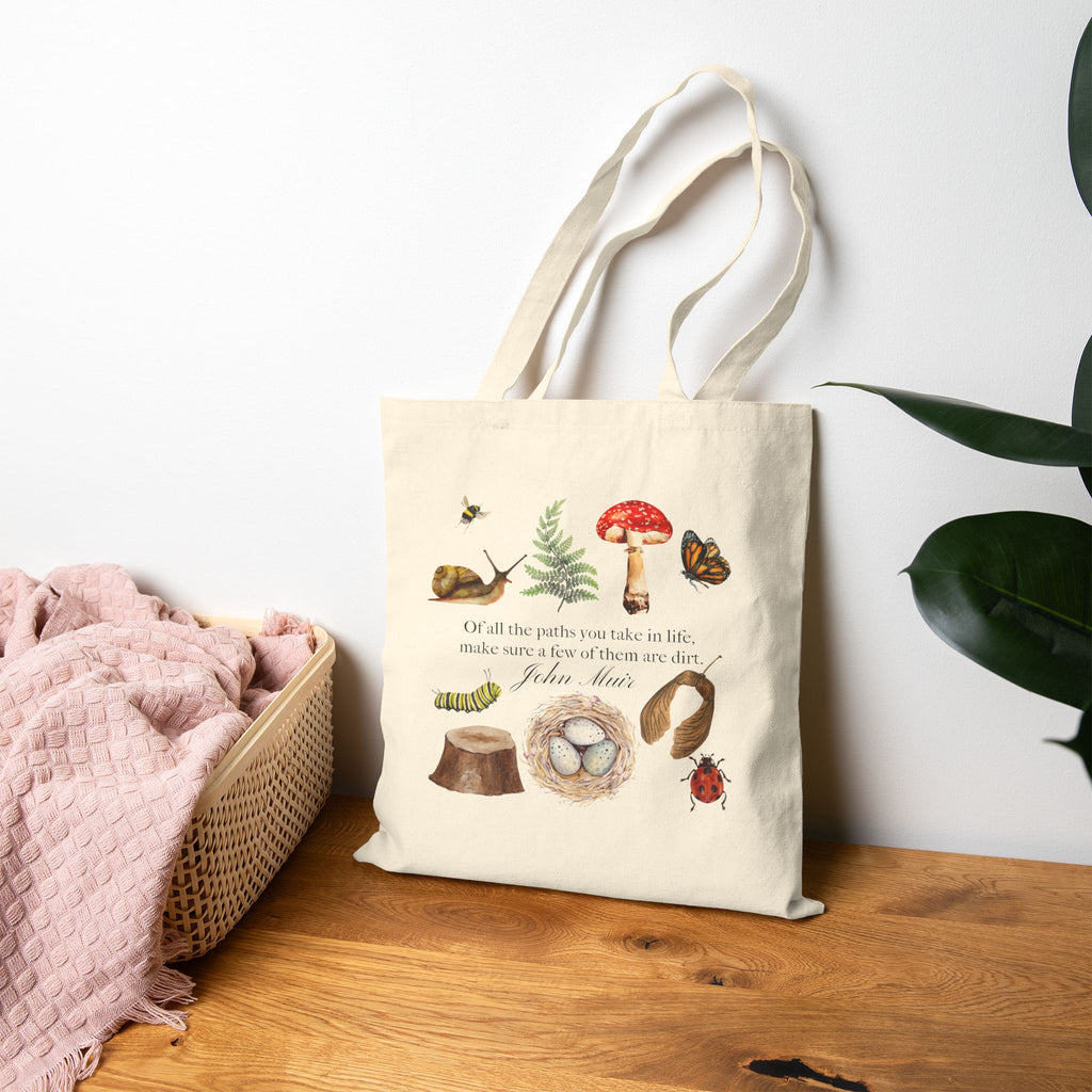 Nature Study Canvas Tote Bag — Watercolor Forest Mushroom & Nest Illustration