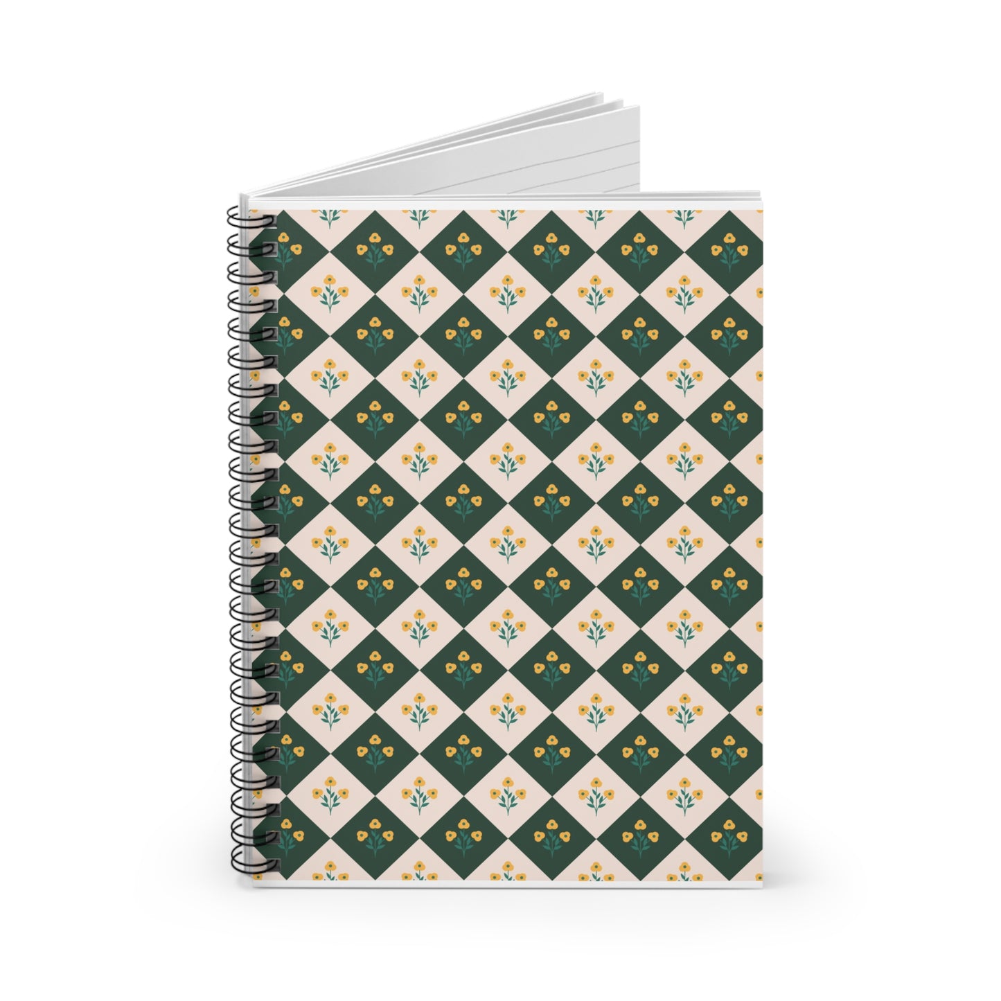 Green Diamond Floral Spiral Notebook — Ruled Journal for Notes & Planning