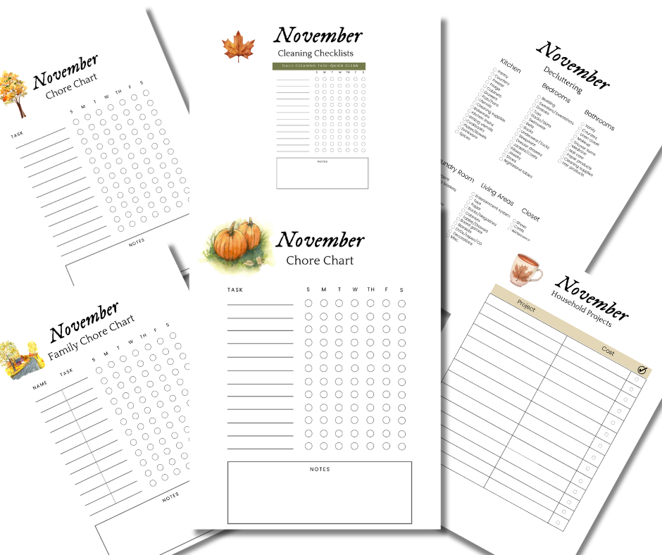 November 2024 Homemaking Calendar, lists, chore charts, decluttering